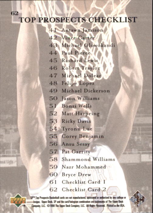 1998 SP Top Prospects #62 Antawn Jamison CL back image