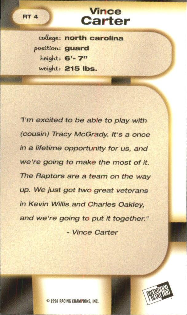 1998 Press Pass Double Threat Retros #R4 Vince Carter back image