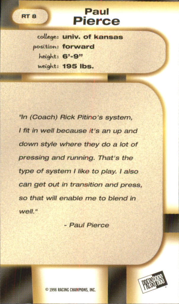 1998 Press Pass Double Threat Retros #R8 Paul Pierce back image
