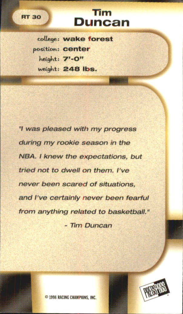1998 Press Pass Double Threat Retros #R30 Tim Duncan back image