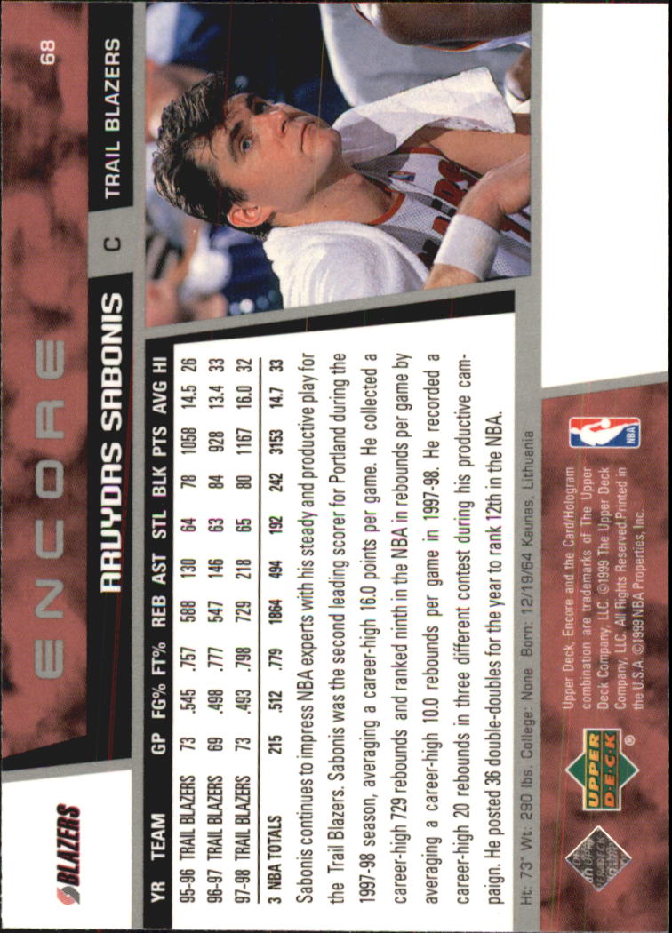 1998-99 Upper Deck Encore #68 Arvydas Sabonis back image