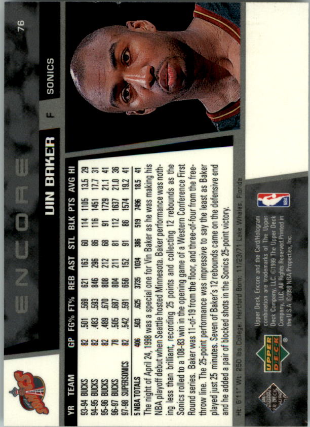 1998-99 Upper Deck Encore #76 Vin Baker back image