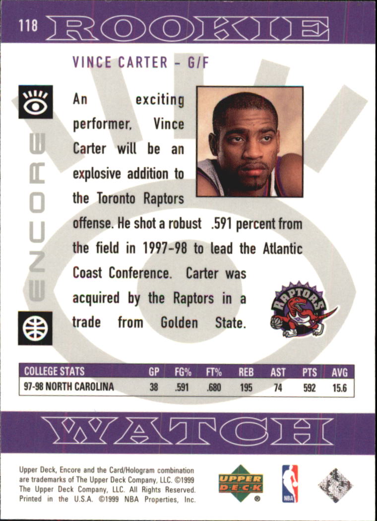 1998-99 Upper Deck Encore #118 Vince Carter RC back image