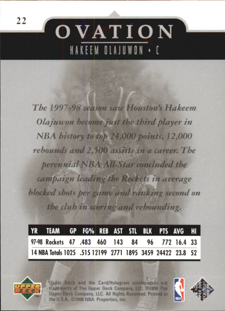 1998-99 Upper Deck Ovation #22 Hakeem Olajuwon back image