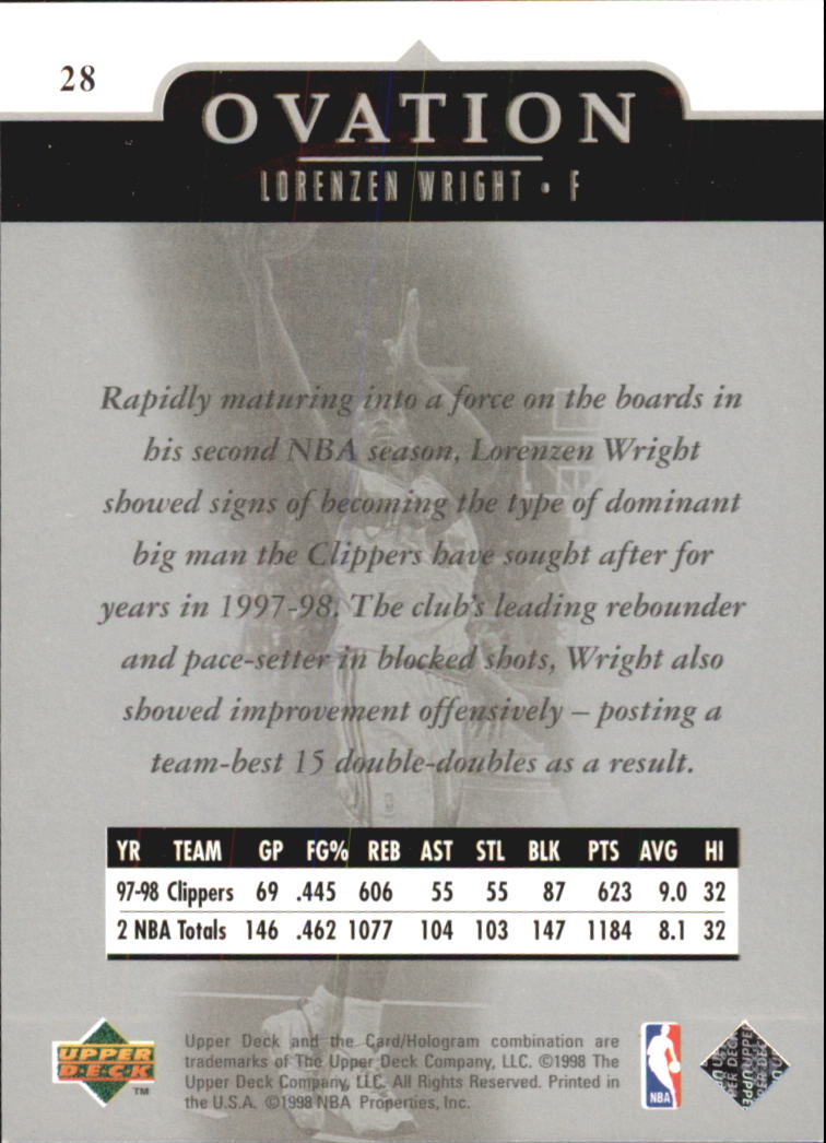 1998-99 Upper Deck Ovation #28 Lorenzen Wright back image