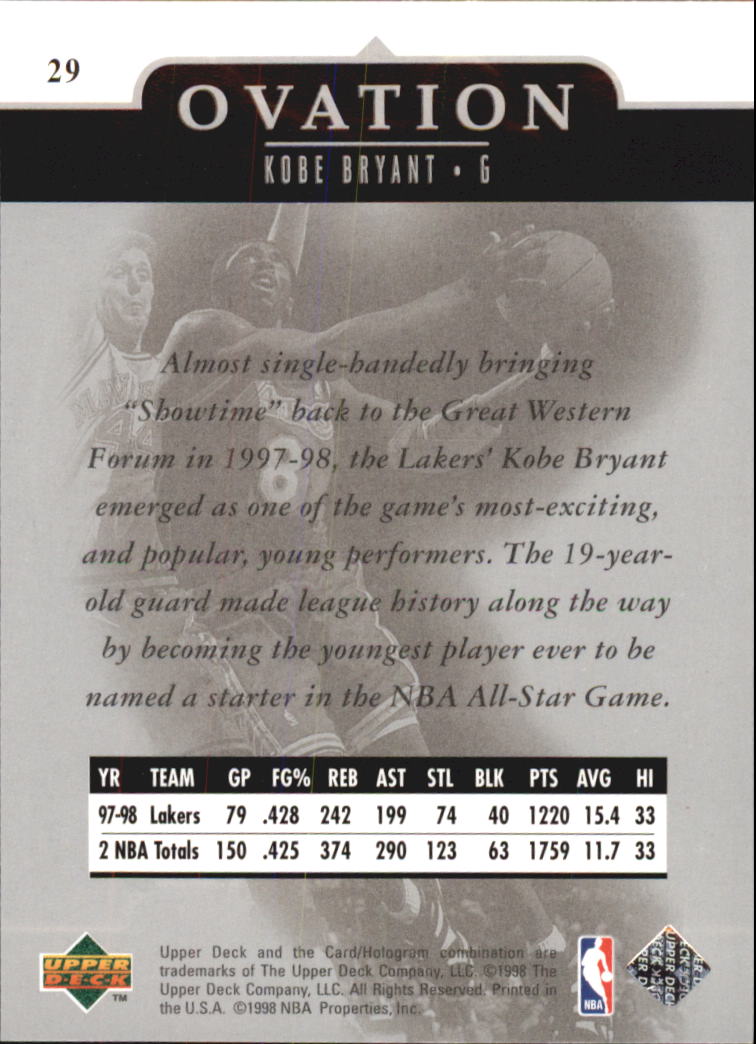 1998-99 Upper Deck Ovation #29 Kobe Bryant back image