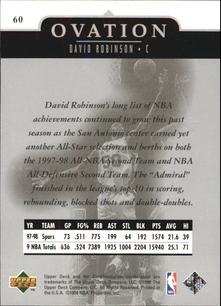 1998-99 Upper Deck Ovation #60 David Robinson back image