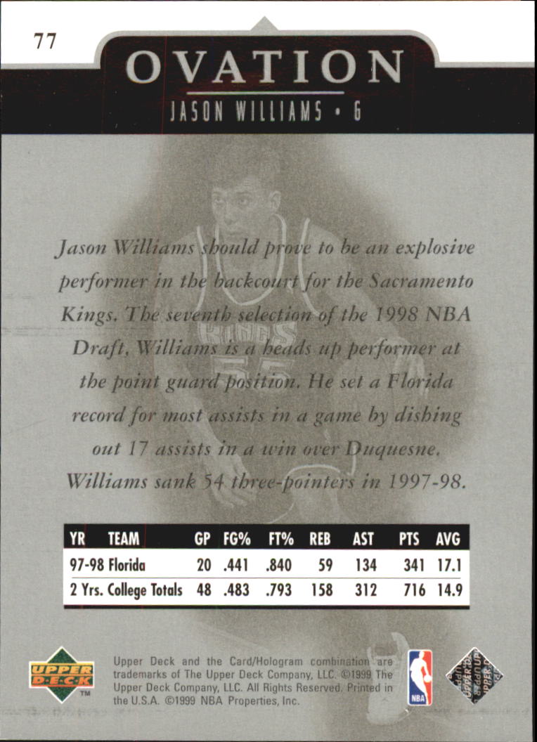 1998-99 Upper Deck Ovation #77 Jason Williams RC back image