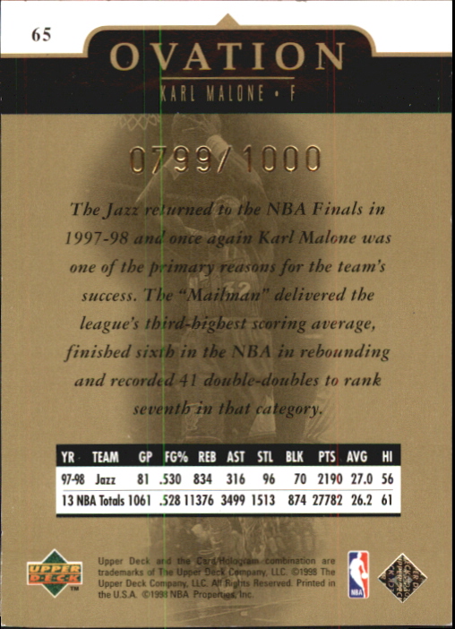 1998-99 Upper Deck Ovation Gold #65 Karl Malone back image