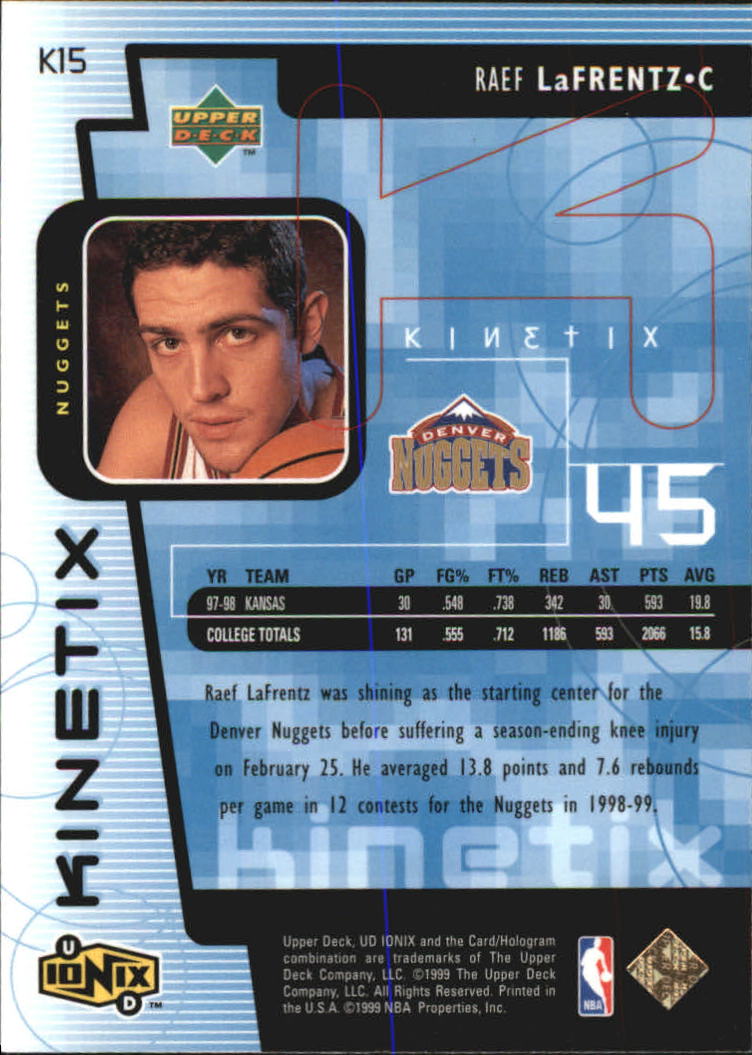1998-99 UD Ionix Kinetix #K15 Raef LaFrentz back image