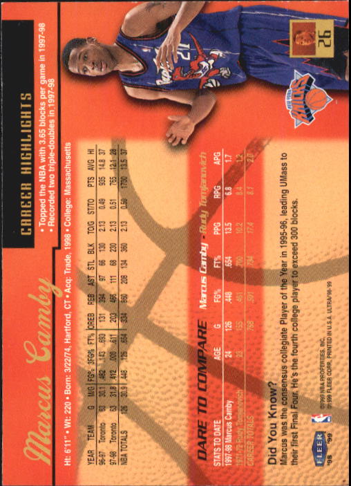 1998-99 Ultra #26 Marcus Camby back image