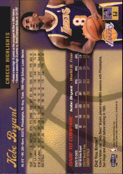 1998-99 Ultra #61 Kobe Bryant back image
