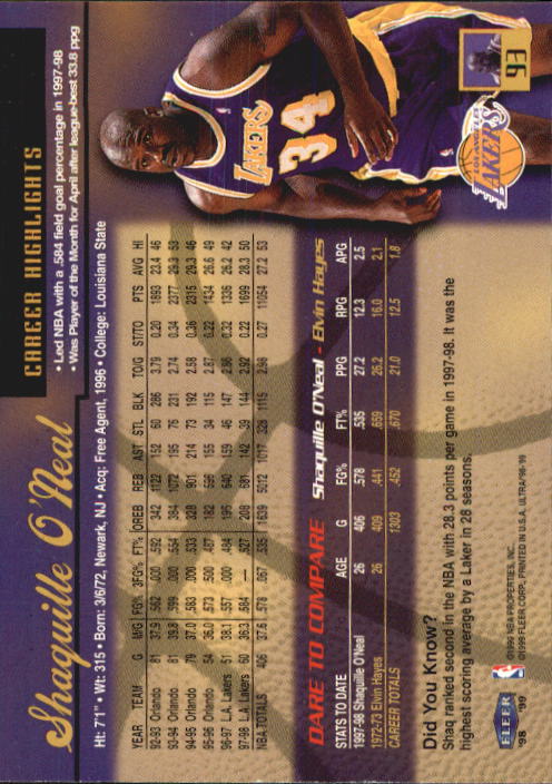1998-99 Ultra #93 Shaquille O'Neal back image