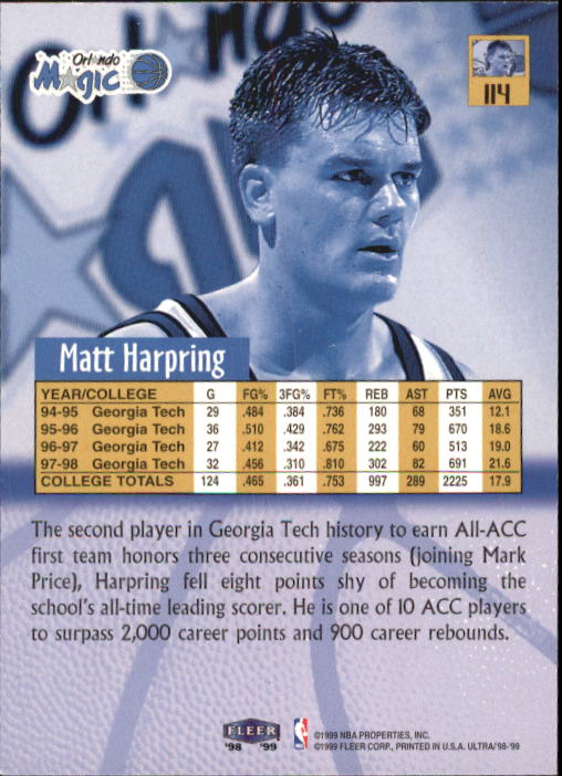 1998-99 Ultra #114 Matt Harpring RC back image