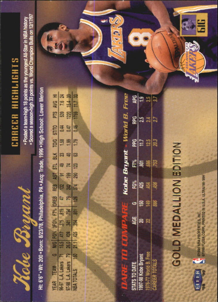 1998-99 Ultra Gold Medallion #61G Kobe Bryant back image