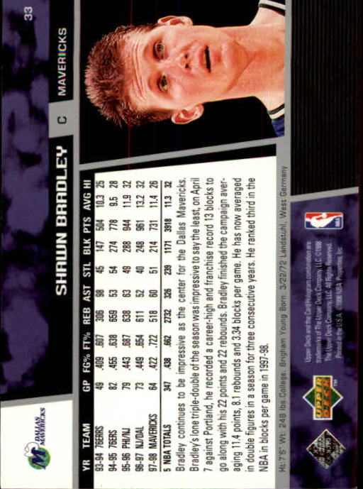 1998-99 Upper Deck #33 Shawn Bradley back image