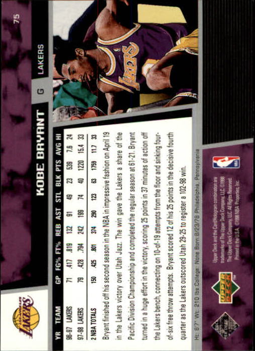 1998-99 Upper Deck #75 Kobe Bryant back image