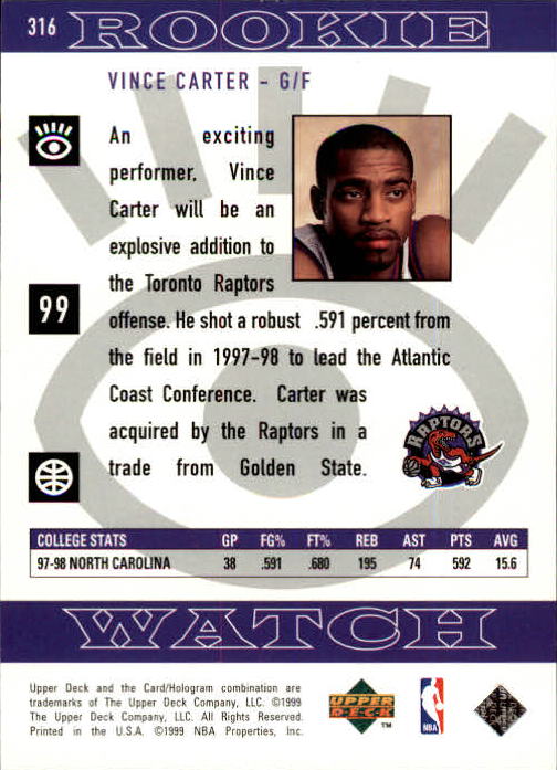 1998-99 Upper Deck #316 Vince Carter RC back image