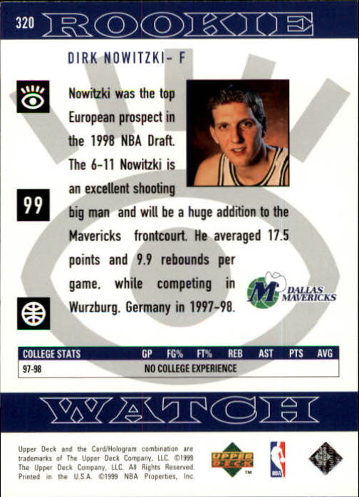 1998-99 Upper Deck #320 Dirk Nowitzki RC back image