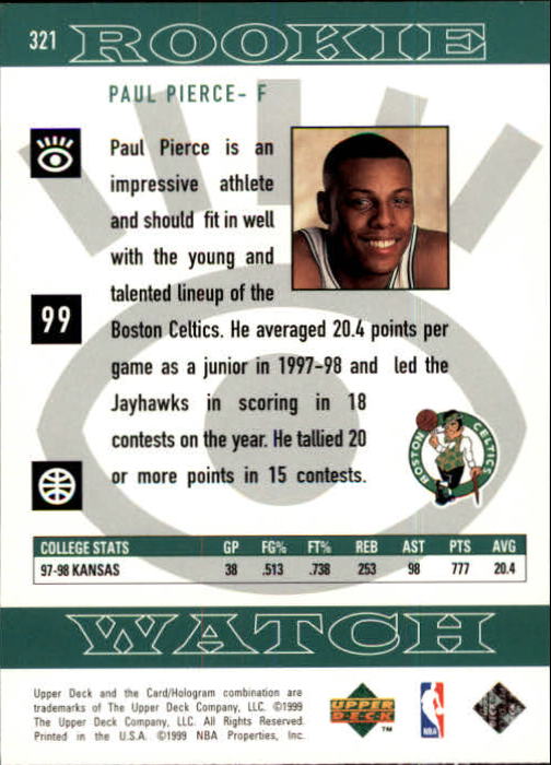 1998-99 Upper Deck #321 Paul Pierce RC back image