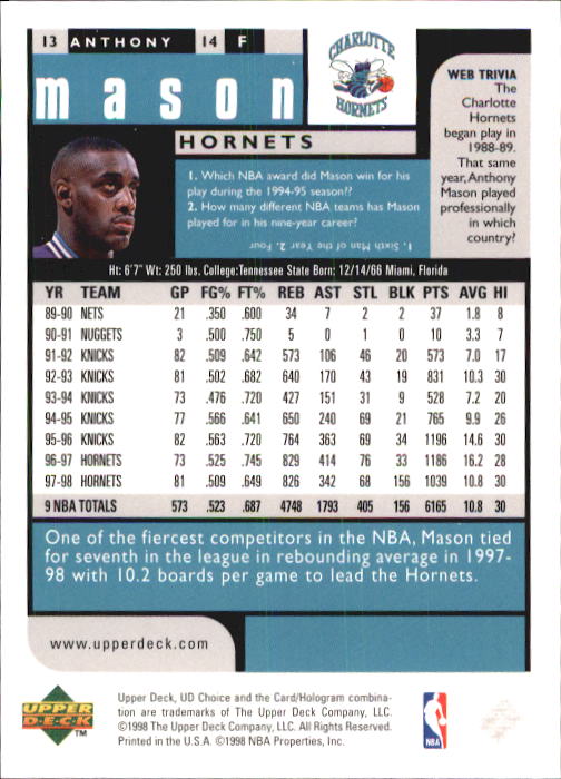 1998-99 UD Choice Basketball (Pick Choose Complete) - Picture 27 of 373