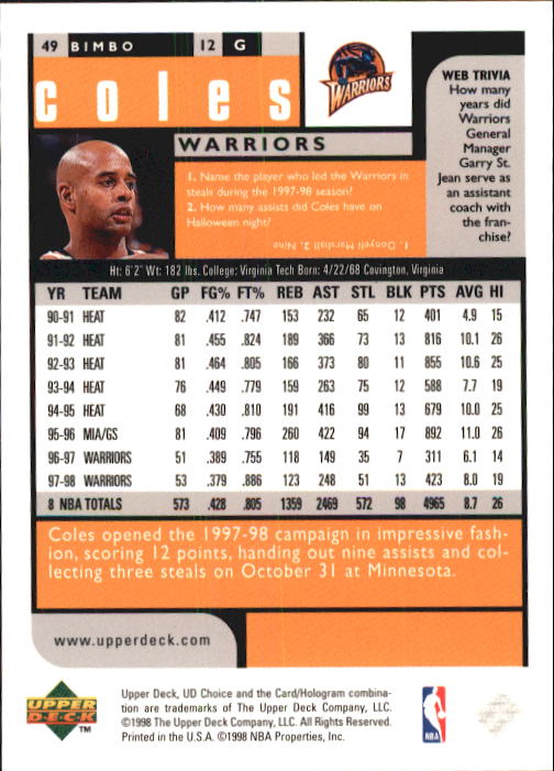 1998-99 UD Choice Basketball (Pick Choose Complete) - Picture 95 of 373