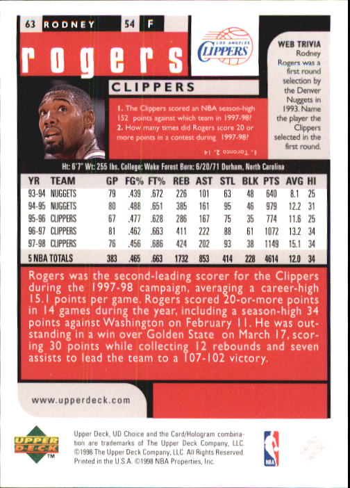 1998-99 UD Choice Basketball (Pick Choose Complete) - Picture 121 of 373