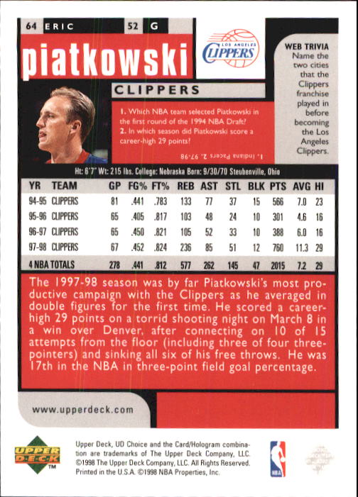 1998-99 UD Choice Basketball (Pick Choose Complete) - Picture 123 of 373