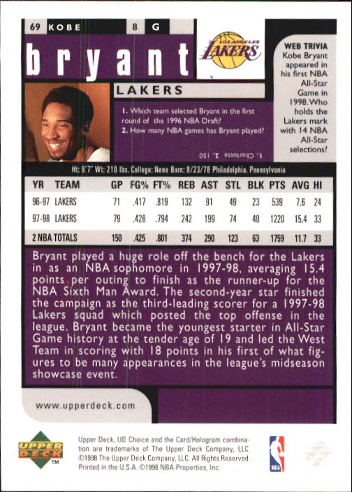 1998-99 UD Choice #69 Kobe Bryant back image