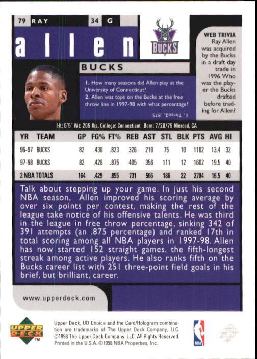 1998-99 UD Choice #79 Ray Allen back image