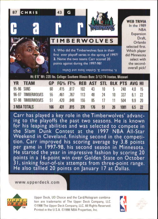 1998-99 UD Choice Basketball (Pick Choose Complete) - Picture 167 of 373