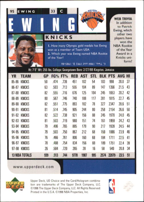 1998-99 UD Choice #95 Patrick Ewing UER/back Ewing Ewing back image