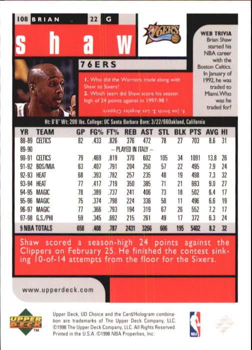 1998-99 UD Choice Basketball (Pick Choose Complete) - Picture 209 of 373