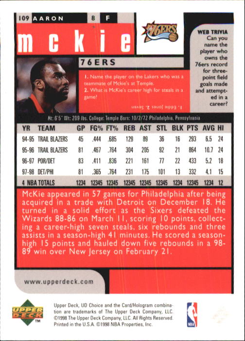 1998-99 UD Choice Basketball (Pick Choose Complete) - Picture 211 of 373