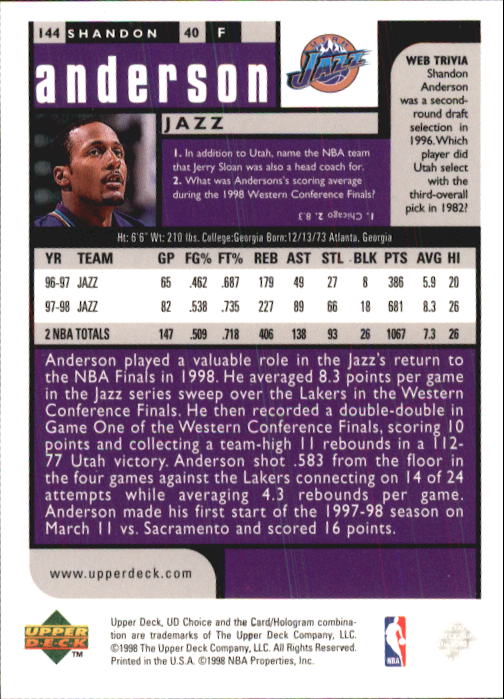 1998-99 UD Choice Basketball (Pick Choose Complete) - Picture 281 of 373