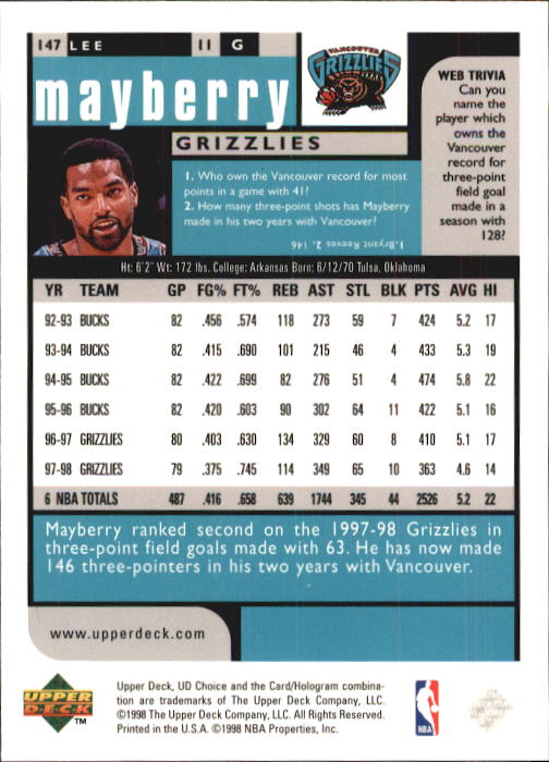 1998-99 UD Choice #147 Lee Mayberry back image