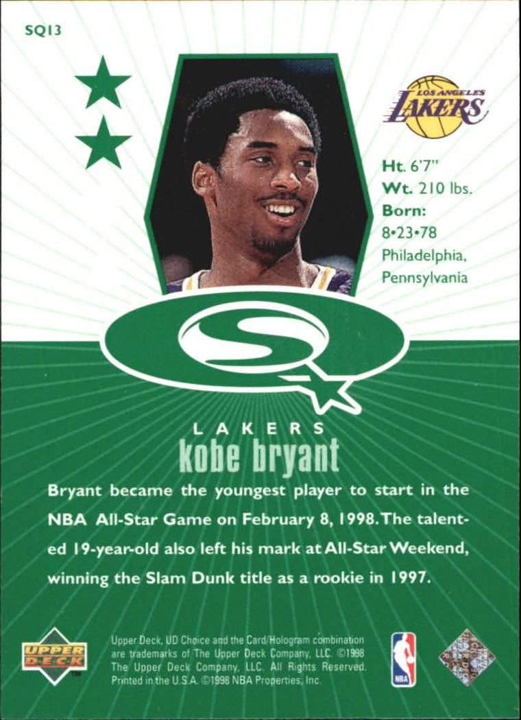 1998-99 UD Choice StarQuest Green #SQ13 Kobe Bryant back image