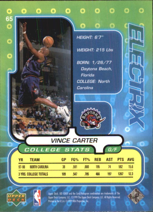 1998-99 UD Ionix #65 Vince Carter RC back image