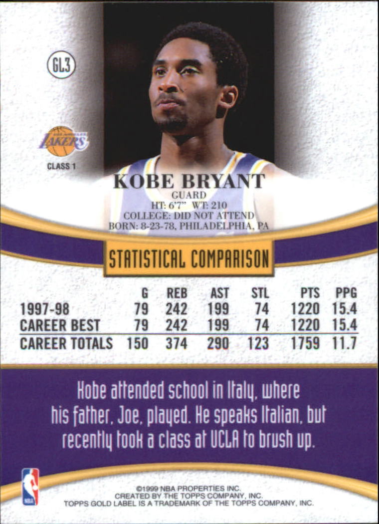 1998-99 Topps Gold Label #GL3 Kobe Bryant back image