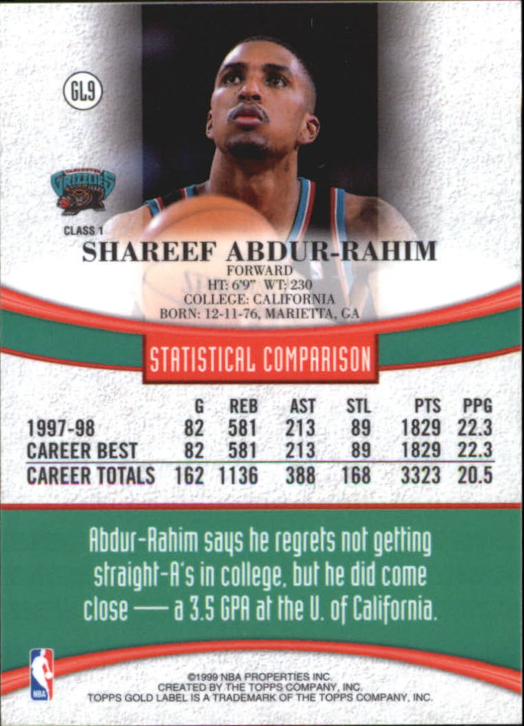 1998-99 Topps Gold Label #GL9 Shareef Abdur-Rahim back image