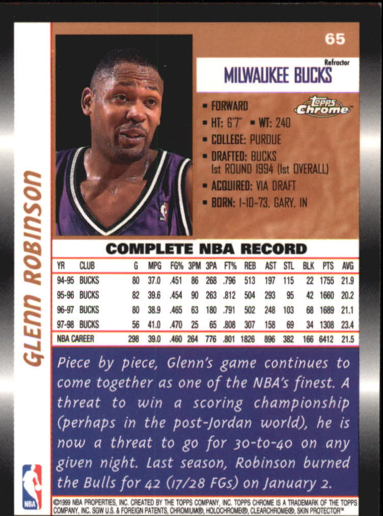 1998-99 Topps Chrome Refractors Bucks Basketball Card #65 Glenn ...
