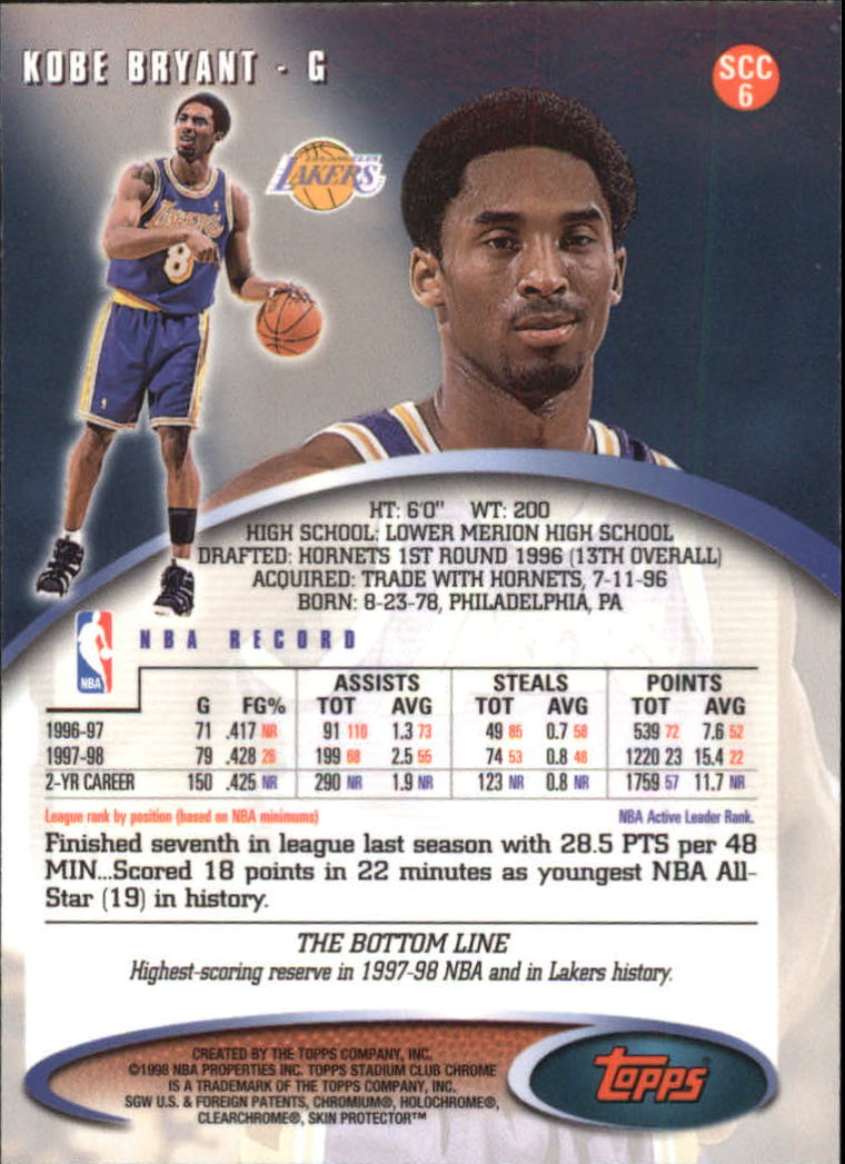 1998-99 Stadium Club Chrome #SCC6 Kobe Bryant back image