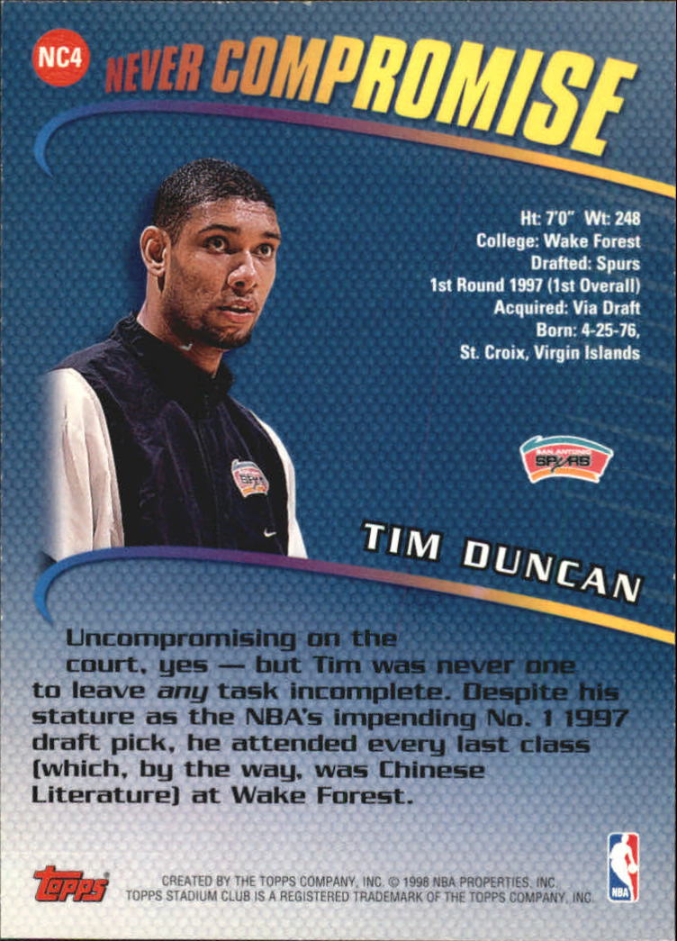 1998-99 Stadium Club Never Compromise #NC4 Tim Duncan back image