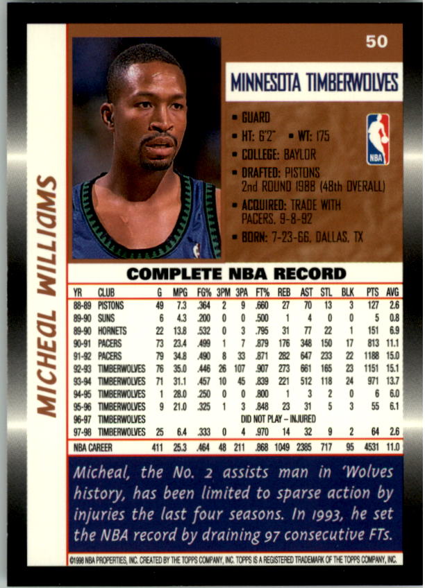 1998-99 Topps #50 Micheal Williams back image