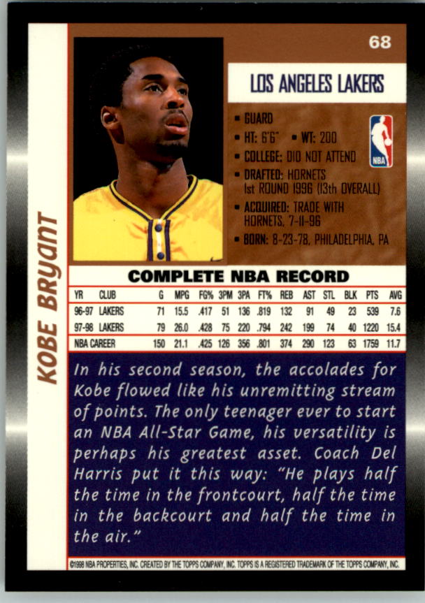 1998-99 Topps #68 Kobe Bryant back image