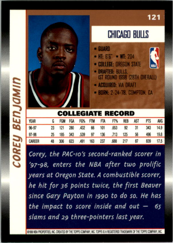 1998-99 Topps #121 Corey Benjamin RC back image