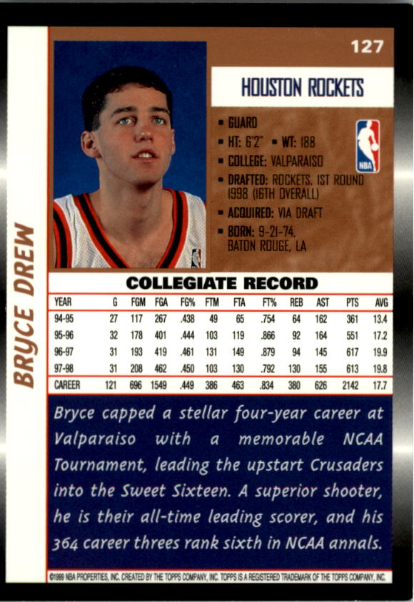 1998-99 Topps #127 Bryce Drew RC back image