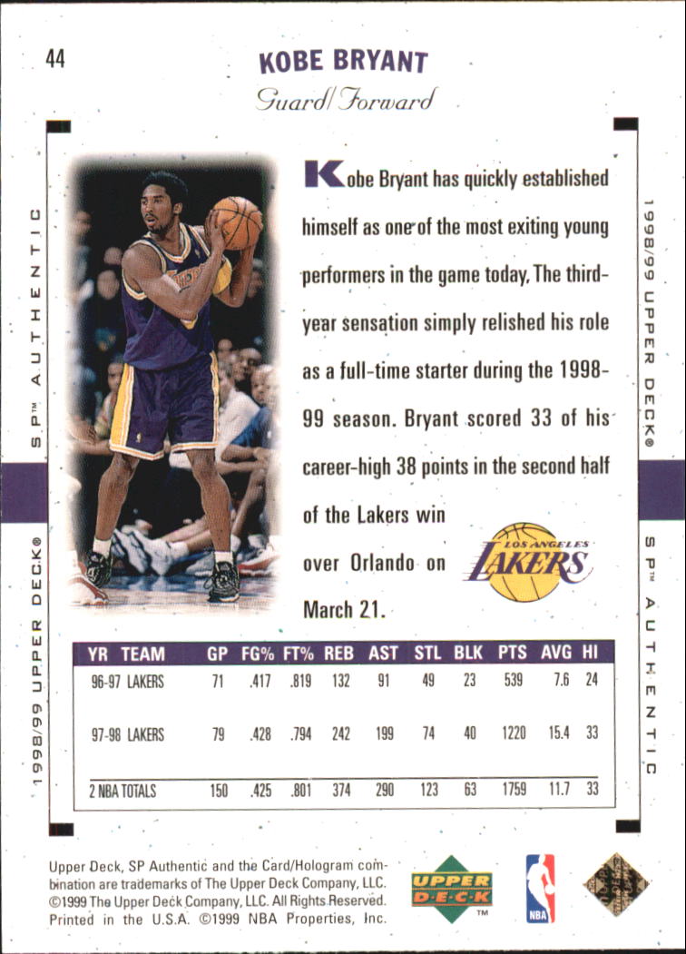 1998-99 SP Authentic #44 Kobe Bryant back image