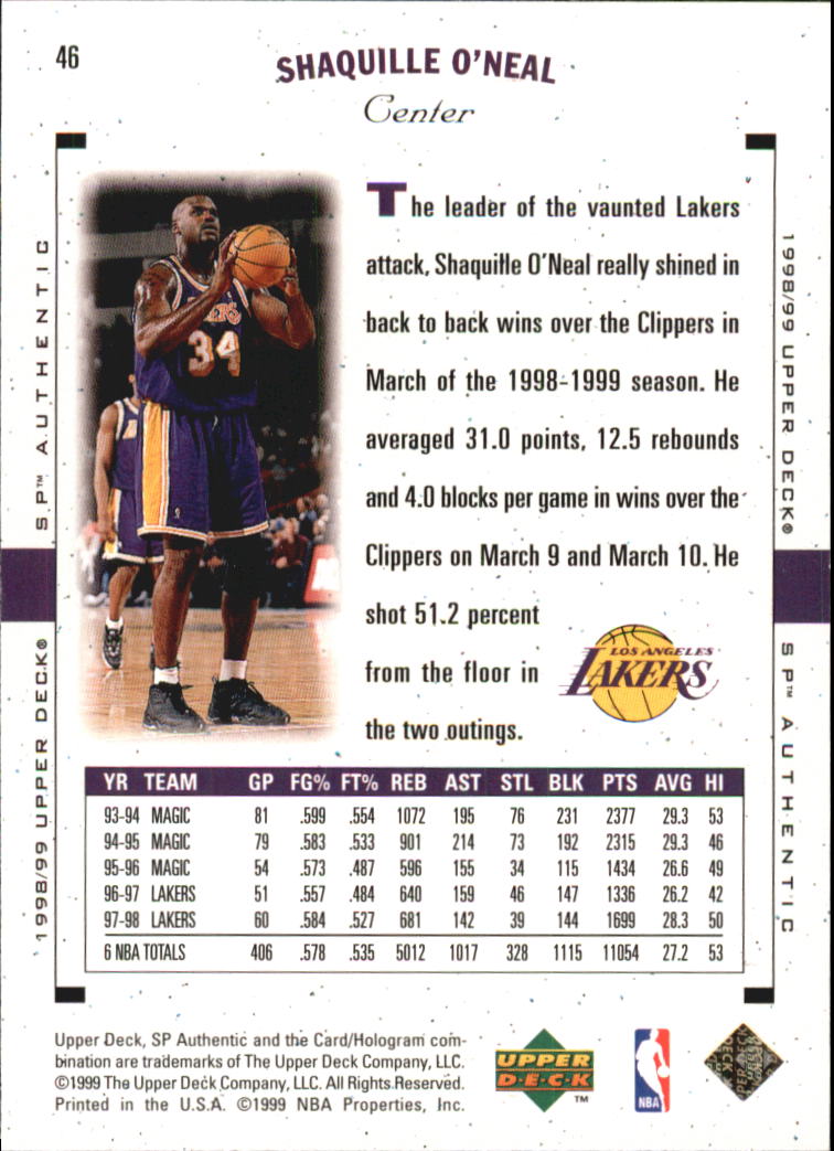 1998-99 SP Authentic #46 Shaquille O'Neal back image