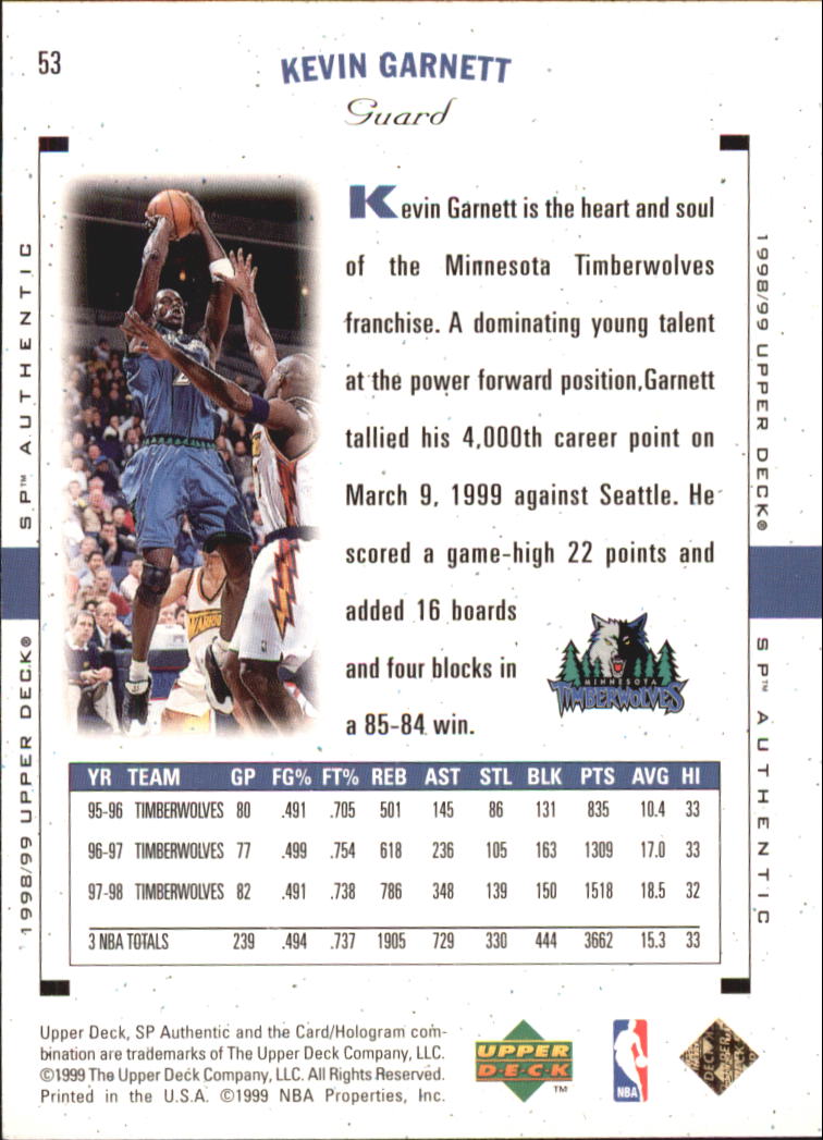 1998-99 SP Authentic #53 Kevin Garnett back image